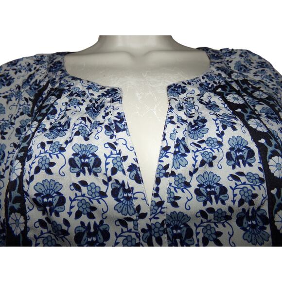 Beach Lunch Lounge silky polyester blouse blue‎ floral retro boho Fall work - Picture 2 of 5